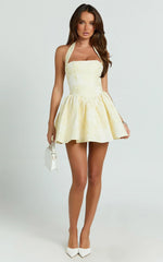 Maddy Mini Dress Square Neck Halter Fit And Flare Dress in Lemon