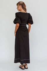 Sibille Puff Sleeve Contrast Stitch Dress Black