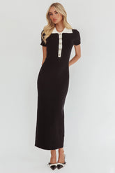 Jessa Mae Button Neckline Knit Maxi Dress Black