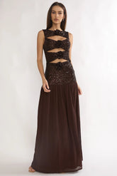 Dioris Rosette Cut-Out Sequin Maxi Dress Sequin Choco