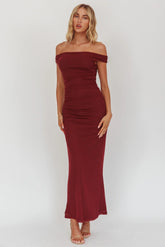 In Blooms Off Shoulder Mesh Midi Dress Wine