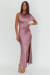 Larelle One-Sleeve Front Split Maxi Dress Grape