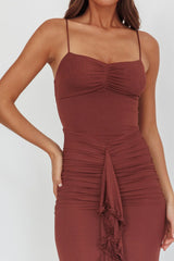 Kamilah Gathered Cascading Ruffle Midi Dress Maroon