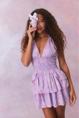 Deanna Fragrance Print Halter Mini Dress- HIBISCUS