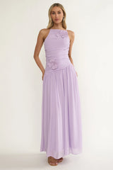 Brighten Drop Waist Flower Accent Maxi Dress Lilac