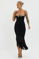 Rose Garden Ruched Mesh Midi Dress Black
