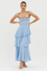 Rose Garden Tiered Ruffle Floral Trim Dress Blue