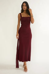 Emara Ruched Waist Sash Maxi Dress Burgundy