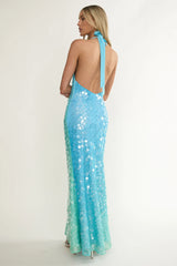 Kirralee Asymmetric Halterneck Sequin Maxi Dress Blue Multi