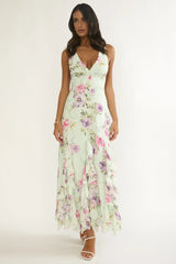 Elenya Strappy Back Ruffle Trim Maxi Dress Mint Floral