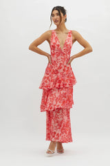 Veda Strappy Back Ruffle Midi Dress Floral Red