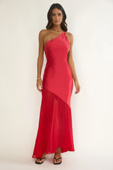 Mireya One-Shoulder Sheer Hem Maxi Dress Red