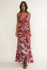 Kamilah Ruched Ruffle Maxi Dress Floral Red