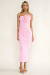 She Just Knows Ruched Flower Bust Maxi Dress Pink