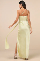 Signature Elegance Pale Yellow Satin One-Shoulder Maxi Dress