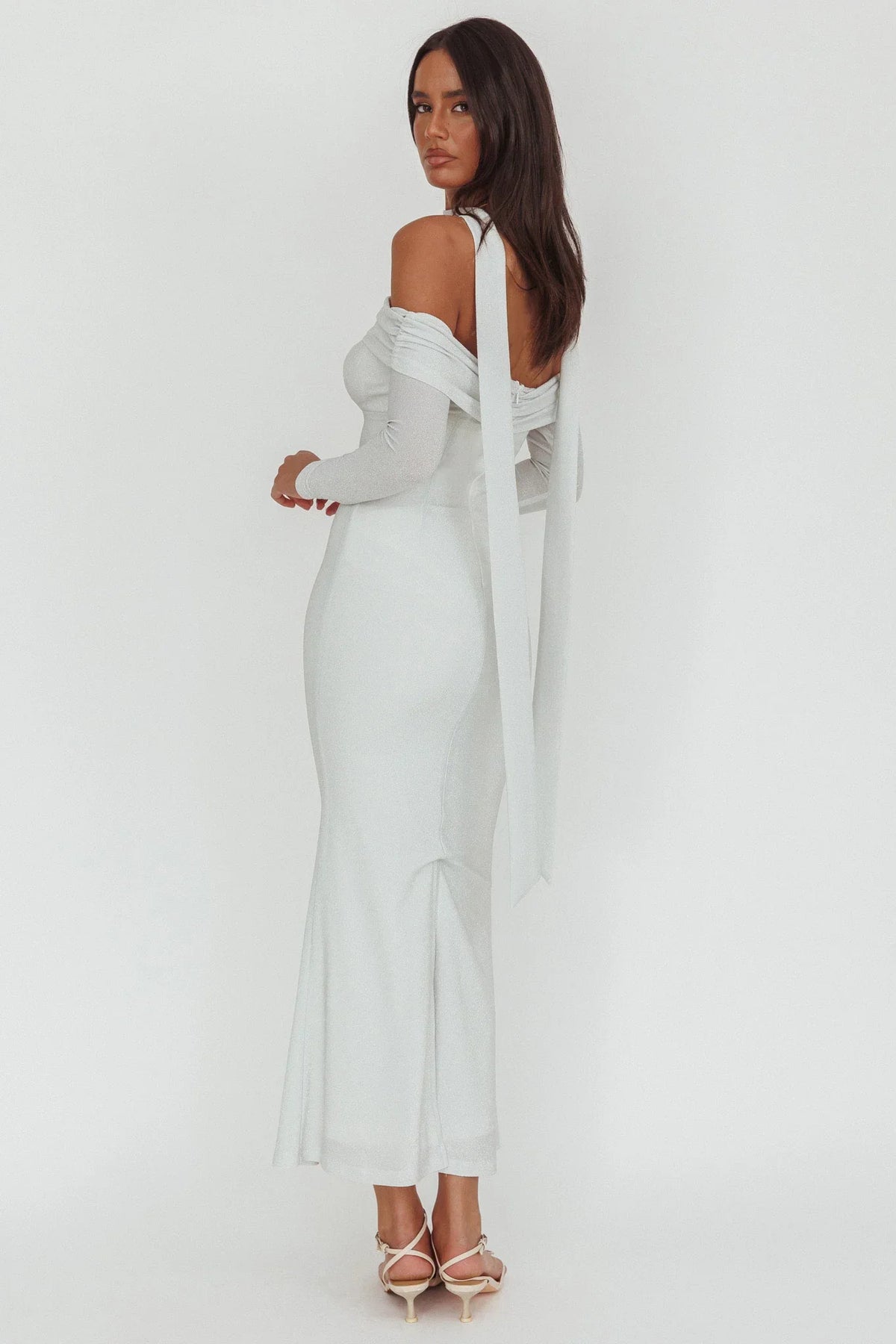 Flutters Off-Shoulder Long Sleeve Maxi Dress White