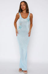 Marine Mist Sequin Knit Maxi Dress Blue