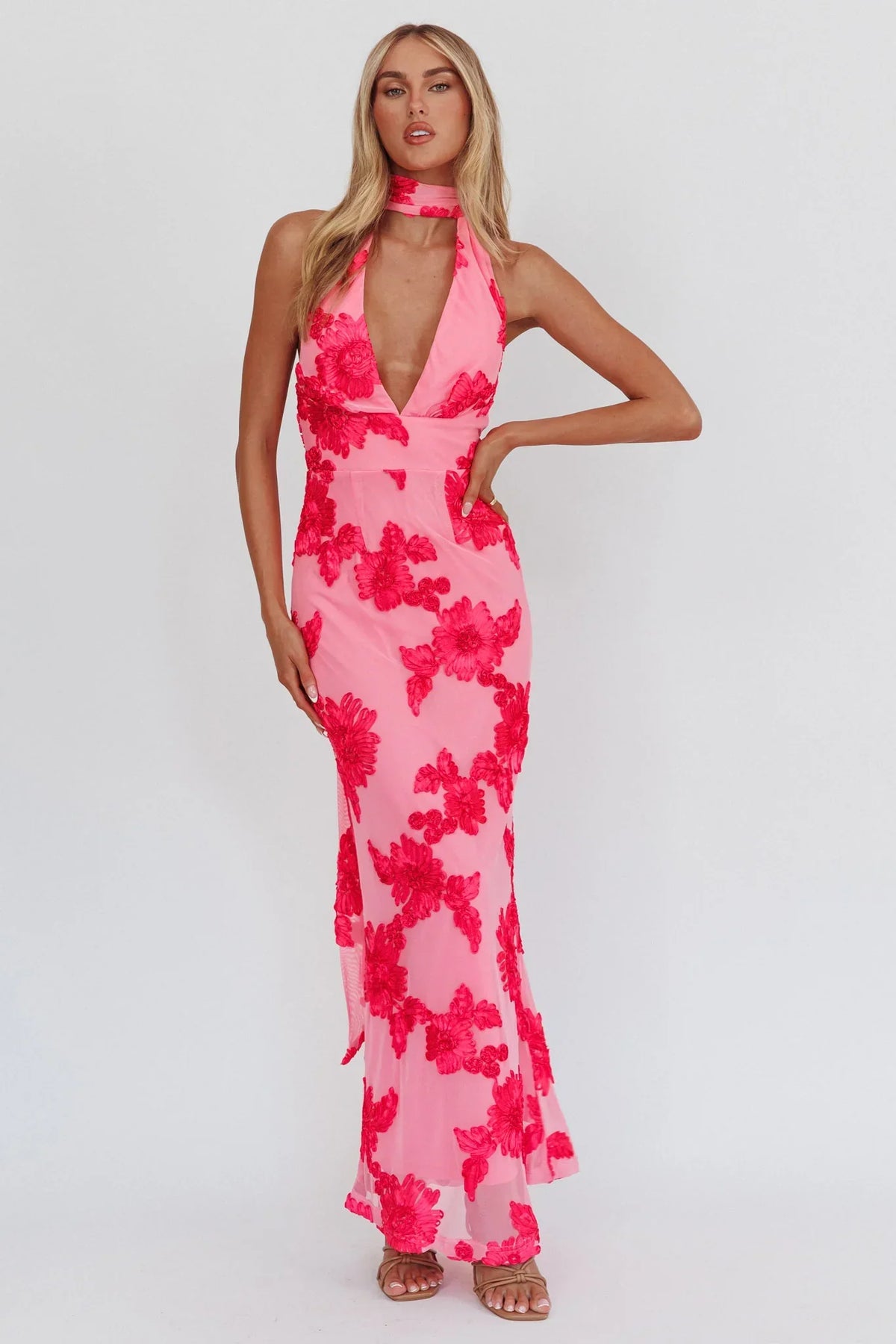 Cipriana Backless Halter Maxi Dress Embellished Pink