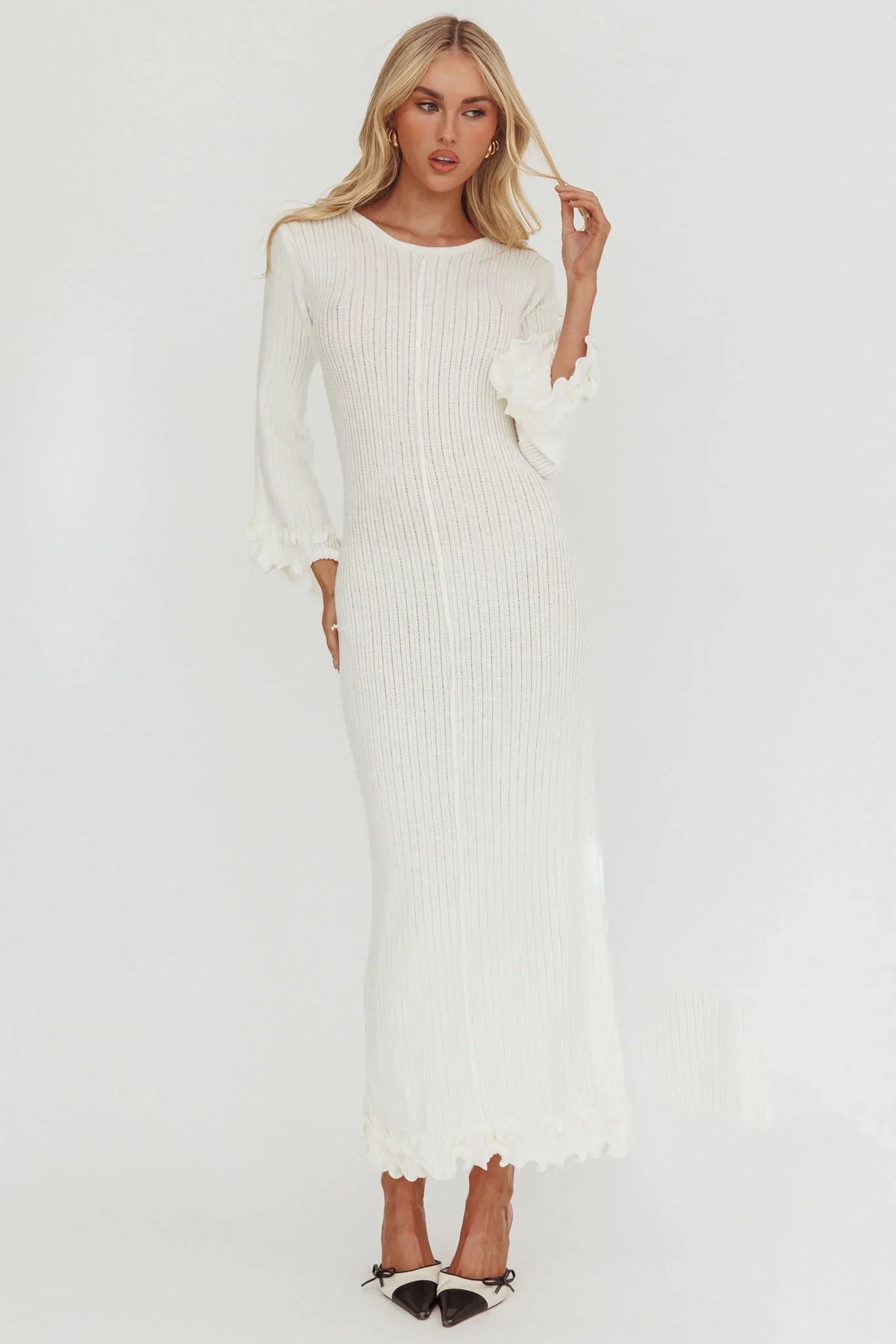 Wrenna Bell Sleeve Knit Maxi Dress White