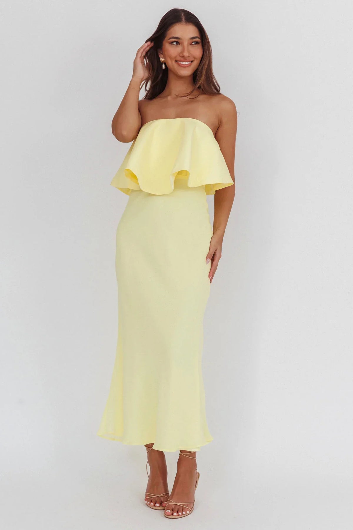 Nerina Strapless Ruffle Neckline Maxi Dress Panna Cotta