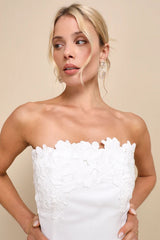 Unforgettable Icon White Satin Strapless Floral Mini Dress