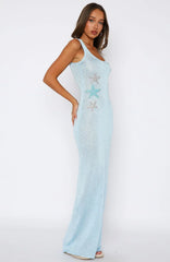 Marine Mist Sequin Knit Maxi Dress Blue