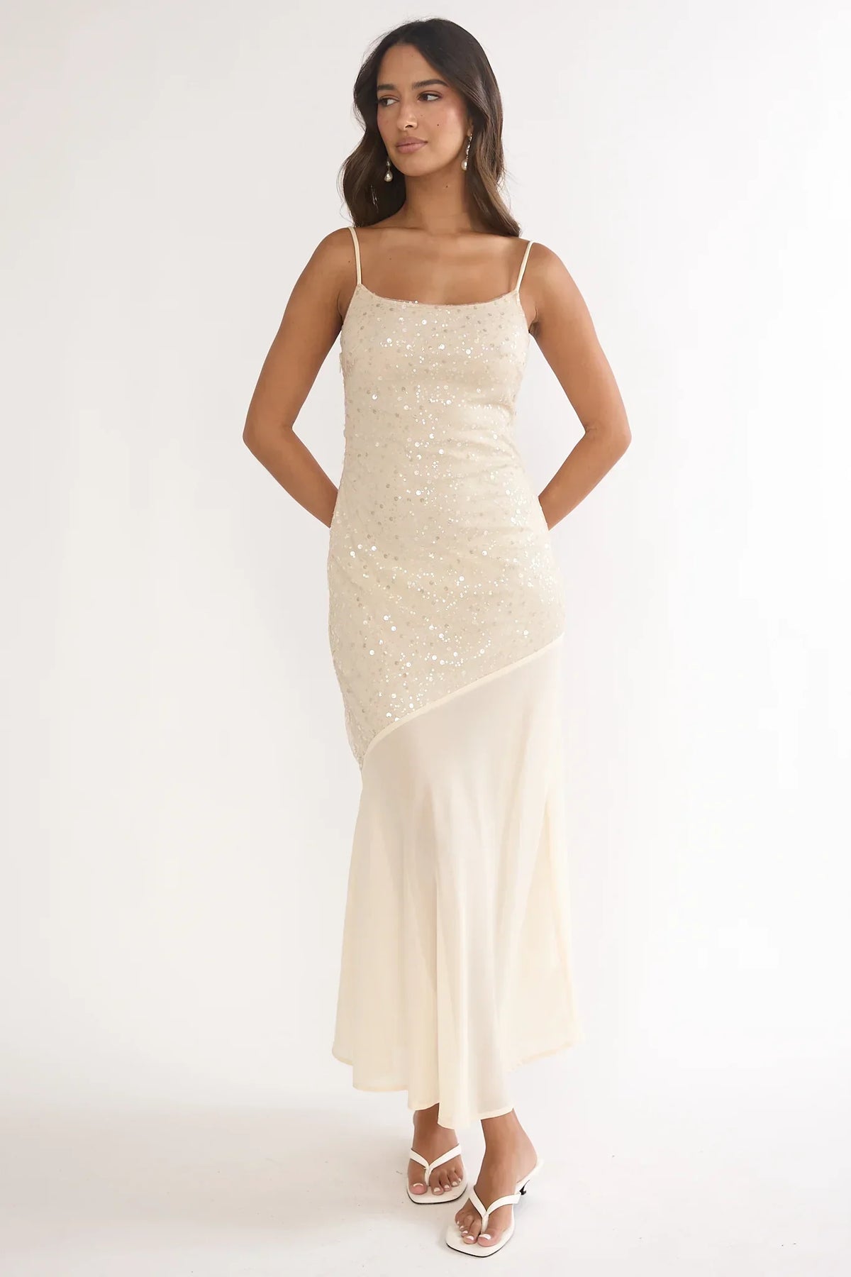 Gilded Dream Chiffon Hem Maxi Dress Sequin Oyster