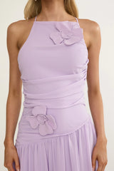 Brighten Drop Waist Flower Accent Maxi Dress Lilac