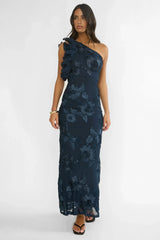 Deanna One-Shoulder Ruffle Maxi Dress Floral Navy
