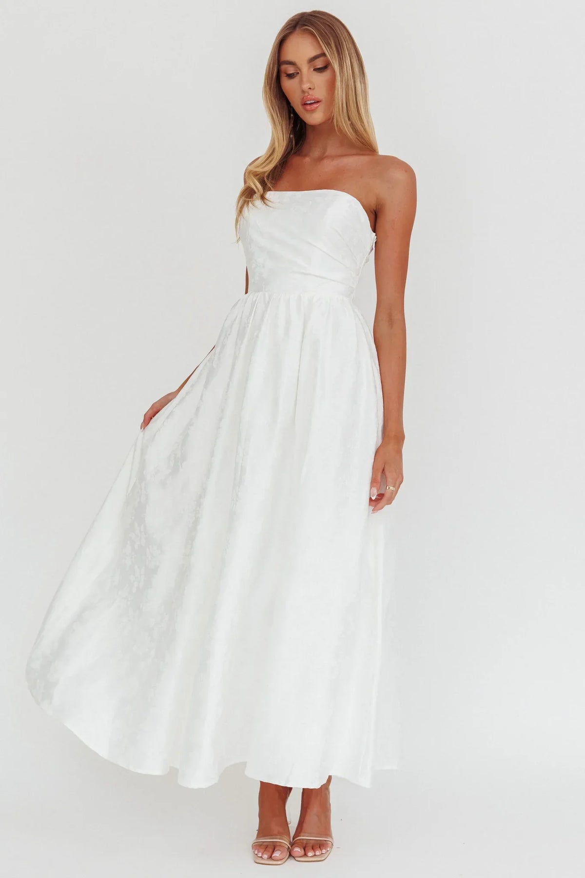 Anushka Strapless Empire Maxi Dress Jacquard White